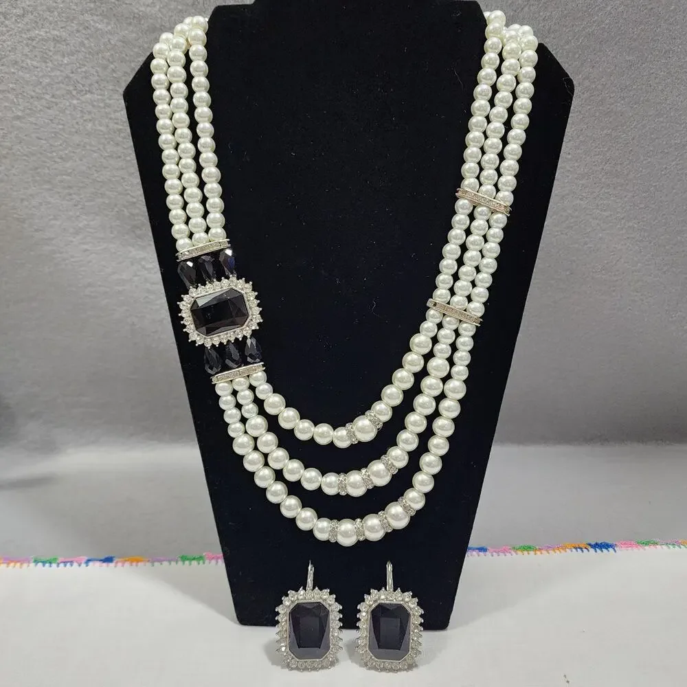 Crystal Necklace Clip-On Earrings Kenneth Jay Lane Three Strand Faux Pearl Brown